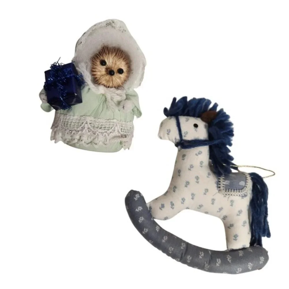 Handmade Hedgehog Christmas Ornament Rocking Horse Set Whimsical Holiday vintage - Picture 2 of 7